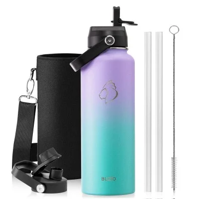 Buzio Duet Series Water Bottle with 2 Lids and Sleeve 1.2L - Purple Green